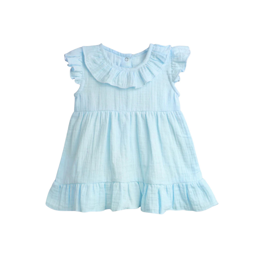Light blue dress with ruffled details on a white background