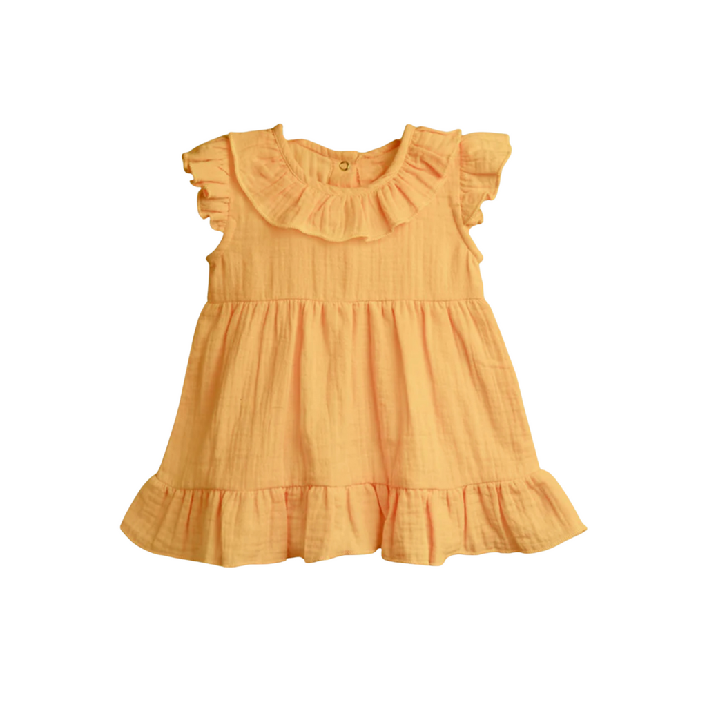 Yellow dress with ruffled collar and sleeves on a white background