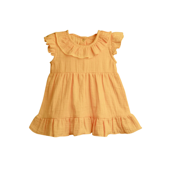 Yellow dress with ruffled collar and sleeves on a white background