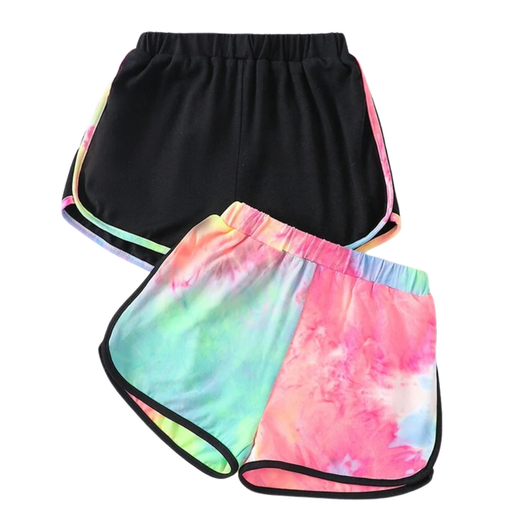 A pair of girls' swim shorts with one leg in black and the other in a multicolored pattern, featuring a purple shade.
