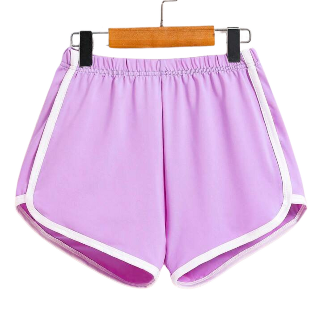Purple girls' swim shorts with white trim