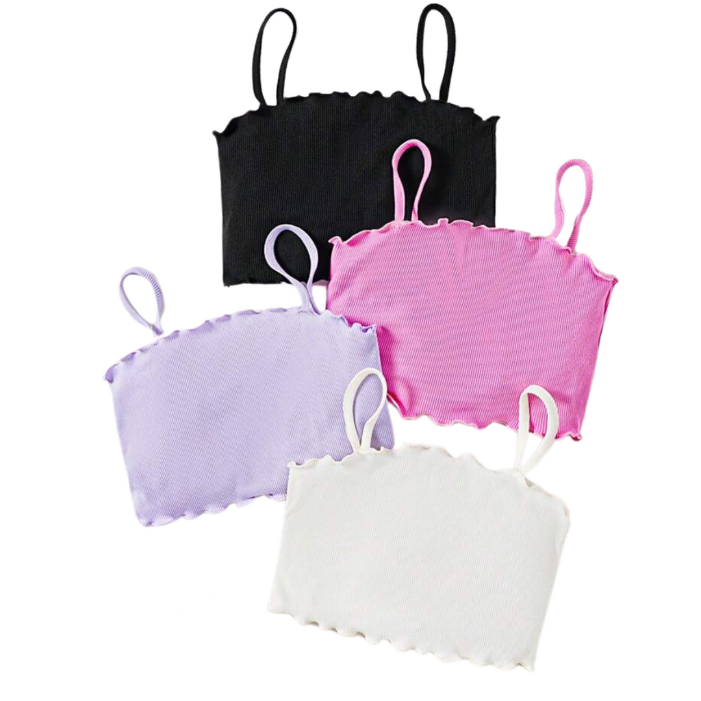 Front view of a girls’ sleeveless tank top available in white, light pink, black, and purple. Simple cotton design with a round neckline, lightweight fabric, and versatile style for everyday wear.