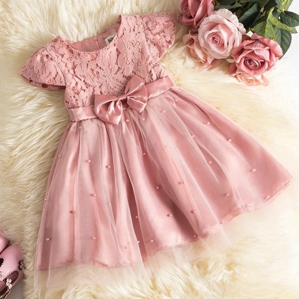 Girls Tulle Bow Front Party Dress in Pink 