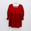 Red velvet dress on a white hanger against a white background