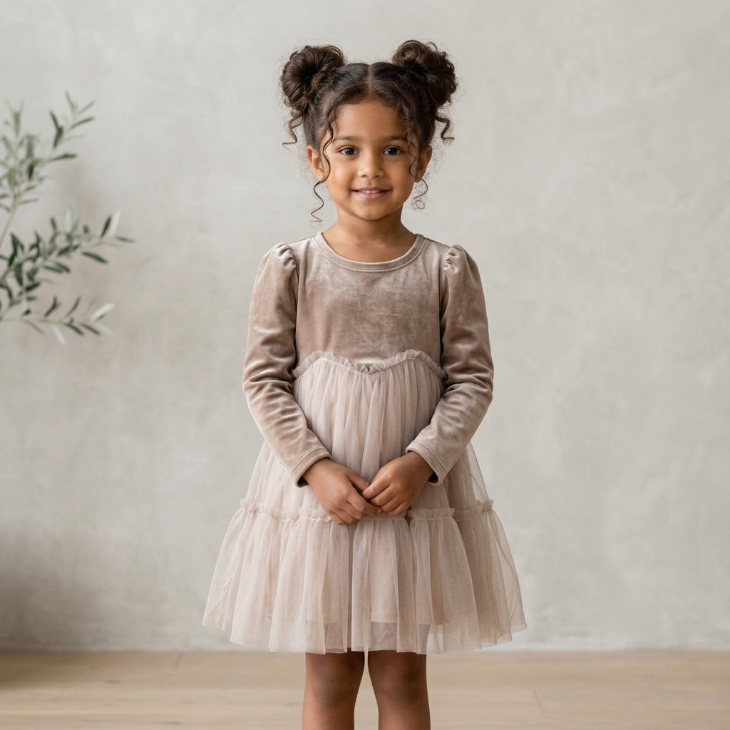 Young girl wearing a beige dress with a plain background