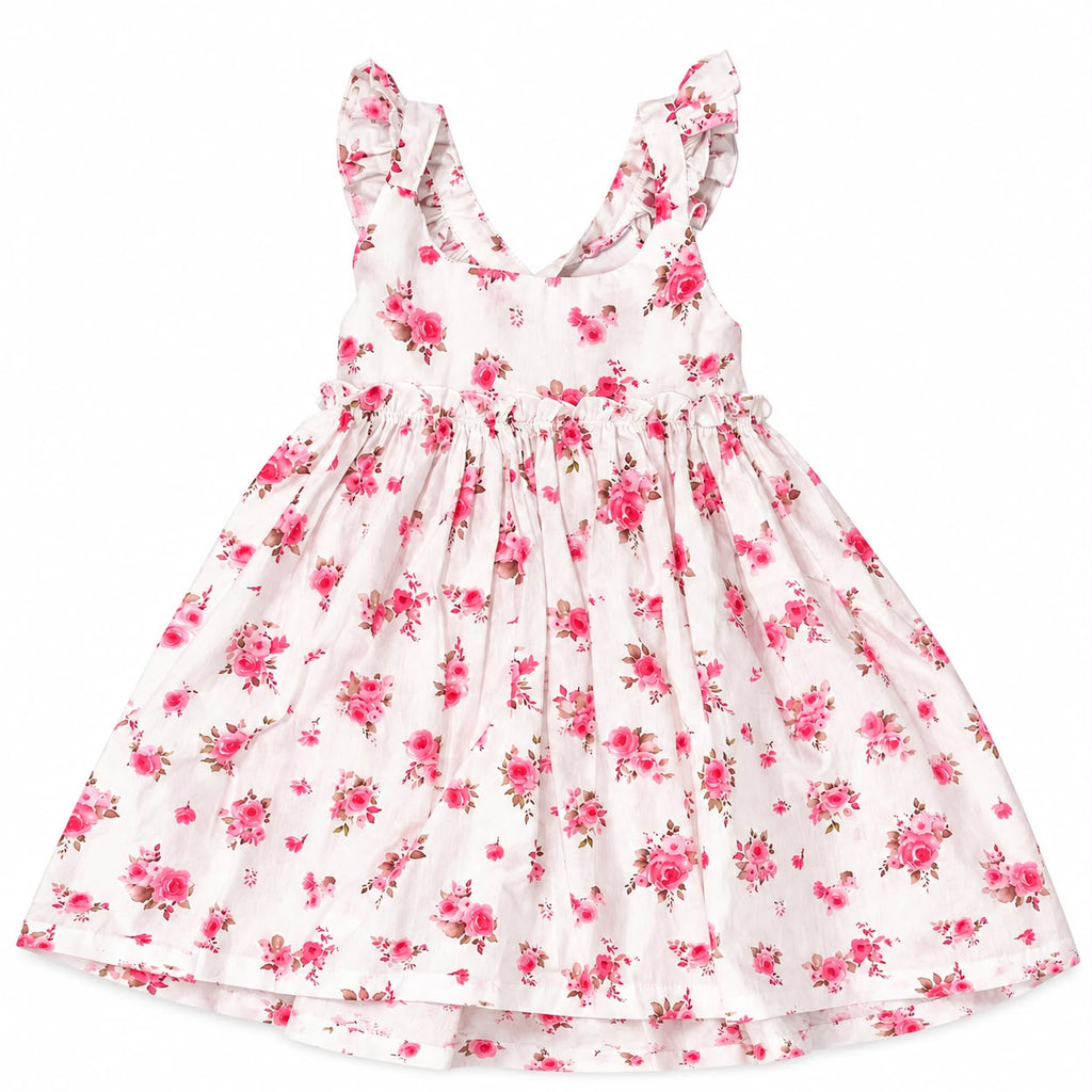 A sleeveless white dress with a pink and green floral print, featuring ruffled shoulder straps and a gathered skirt, shown flat against a white background.