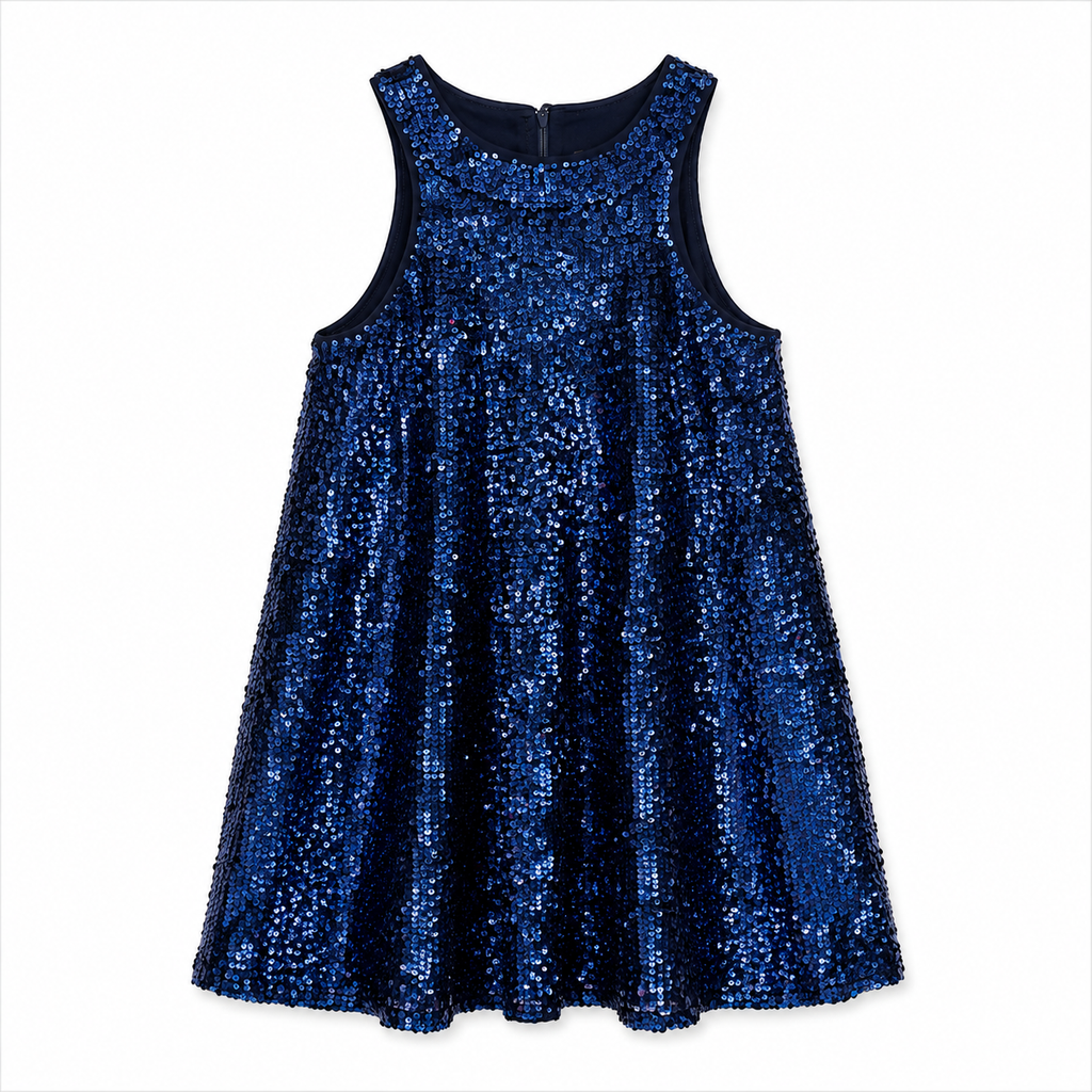 A sleeveless blue sequined dress with a dark navy neckline, photographed flat against a white background.