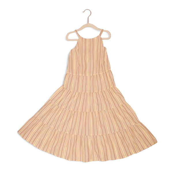 Beige striped dress on a hanger against a white background