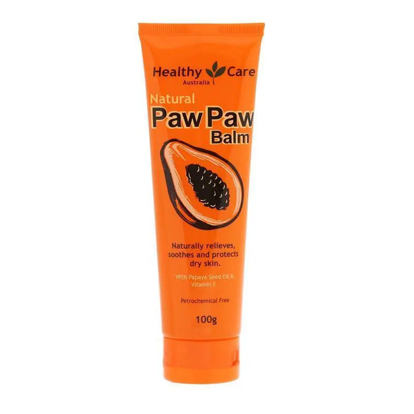 Orange tube of Healthy Care Natural Paw Paw Balm on a white background