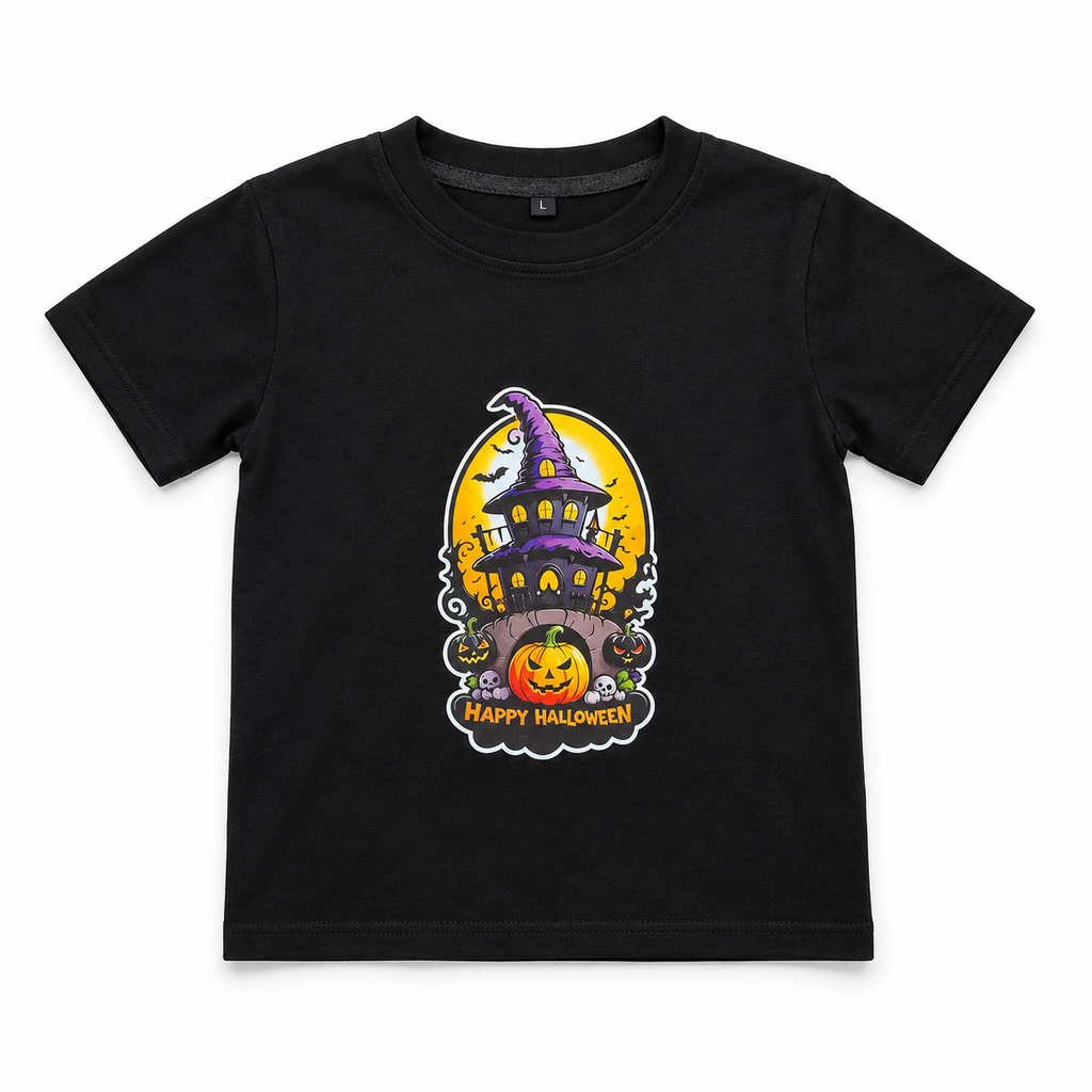 A black short-sleeve kids' t-shirt with a colorful Halloween graphic on the chest, featuring a haunted house, a witch's hat, a jack-o'-lantern, and the text 'Happy Halloween!'.