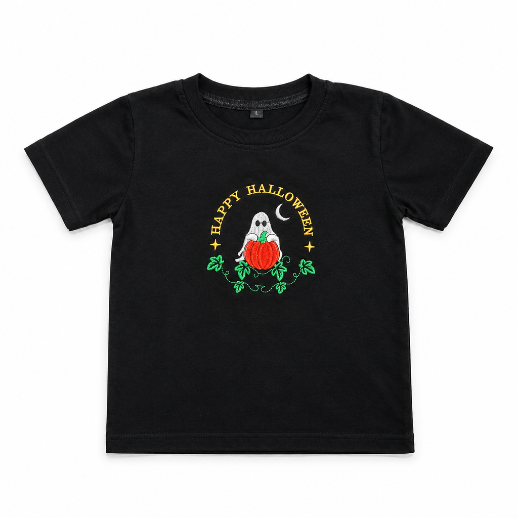 A black short-sleeve kids' t-shirt with a colorful 'Happy Halloween' graphic on the chest, featuring a ghost, pumpkin, and green leaves, displayed flat against a white background.