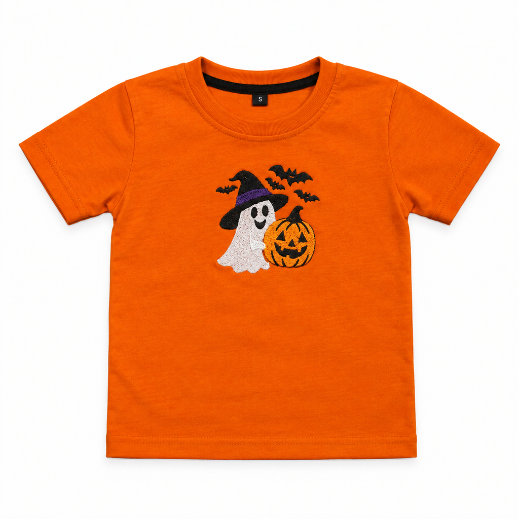 An orange short-sleeve kids' t-shirt with a Halloween graphic on the chest featuring a white ghost in a black witch hat next to a jack-o'-lantern pumpkin, with black bats flying above, shown on a plain white background.