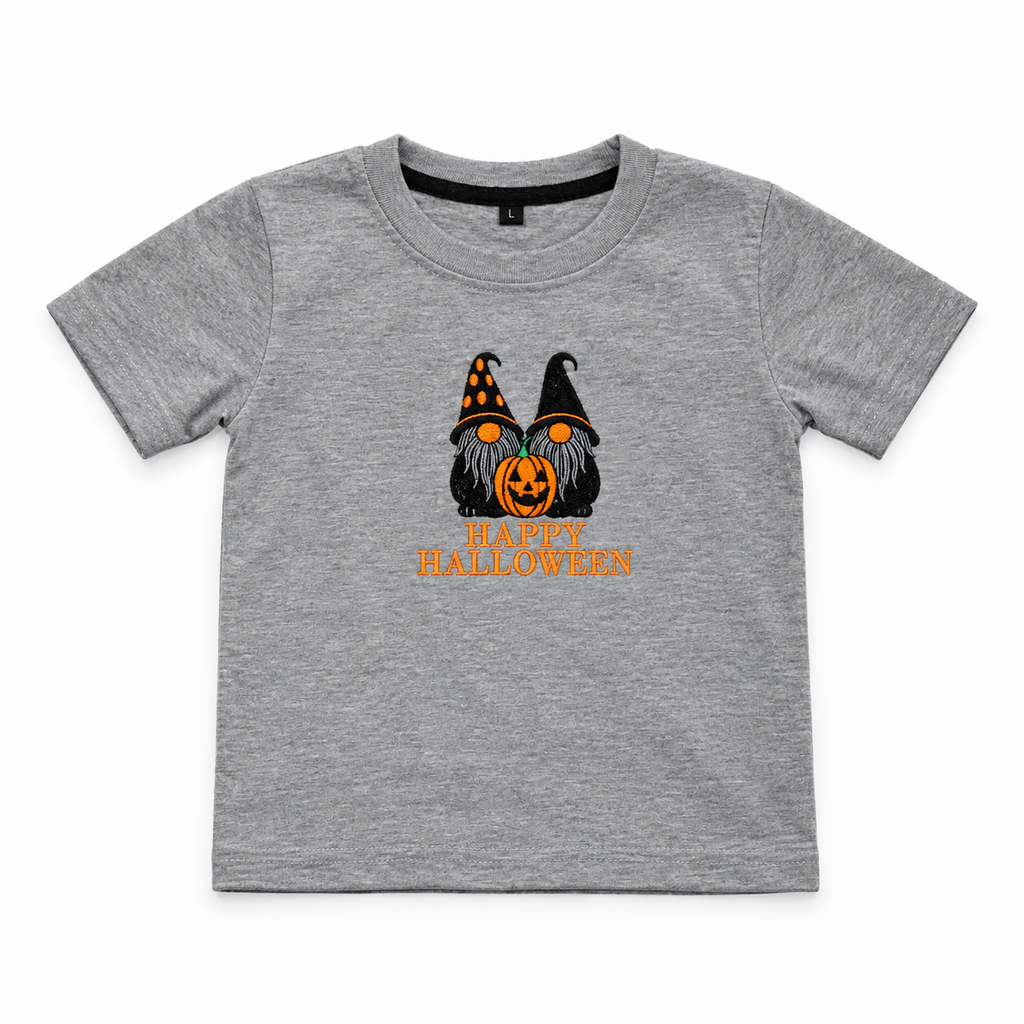 A toddler-sized heather gray short-sleeve t-shirt with a 'Happy Halloween' graphic featuring two gnomes and a jack-o'-lantern on the chest.