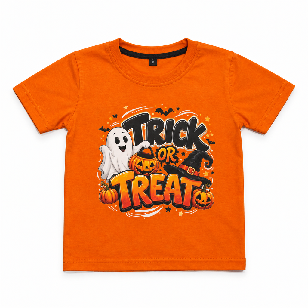 An orange short-sleeve kids' t-shirt with a 'Trick or Treat' Halloween graphic on the front, featuring a cartoon ghost, pumpkins, a witch hat, and bats, displayed flat against a white background.