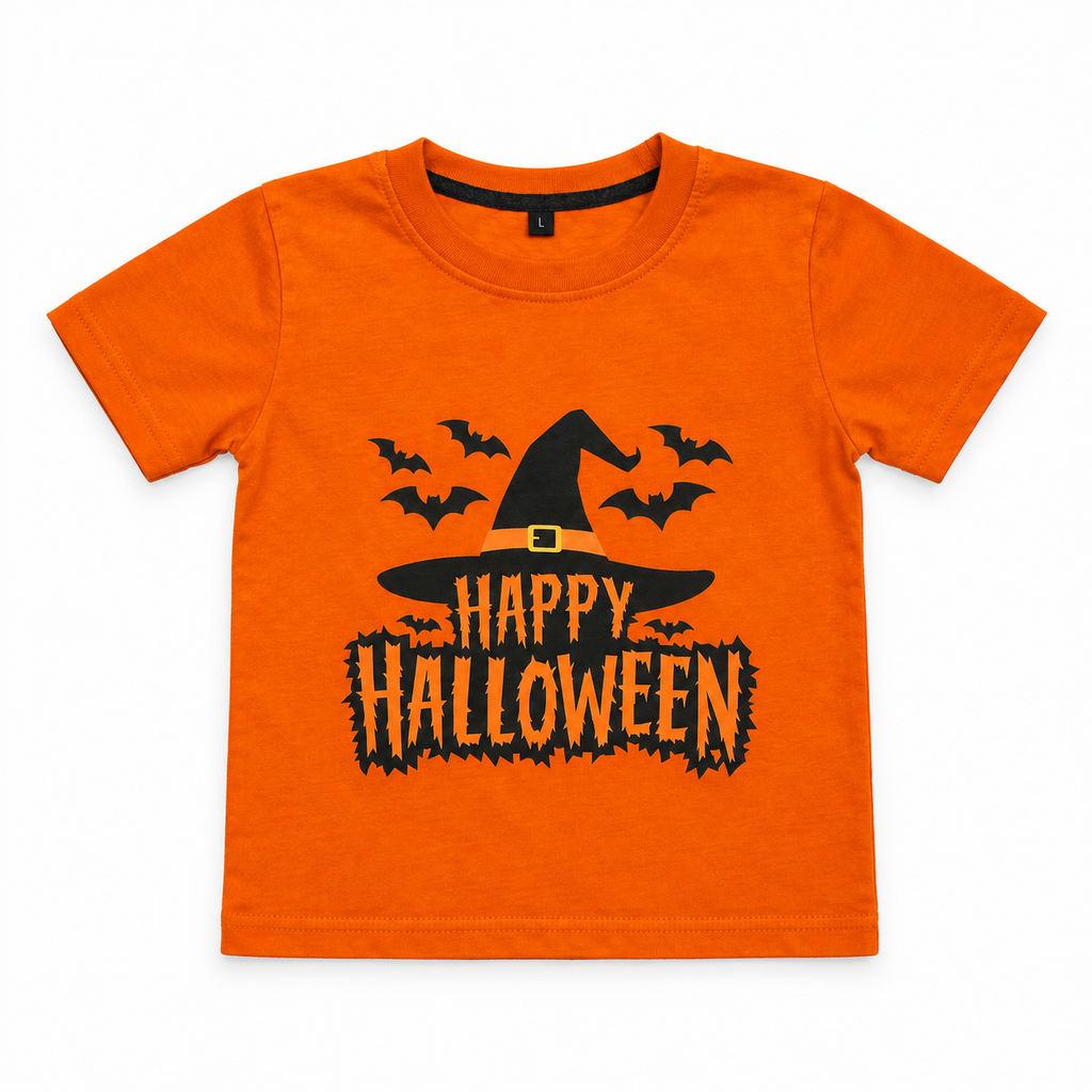 An orange short-sleeve kids' t-shirt with a black graphic of a witch's hat, four bats, and the text 'HAPPY HALLOWEEN' on the front, displayed flat against a white background.