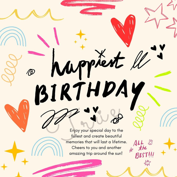 A colorful birthday card with 'Happiest Birthday' text and various playful shapes like hearts and stars.