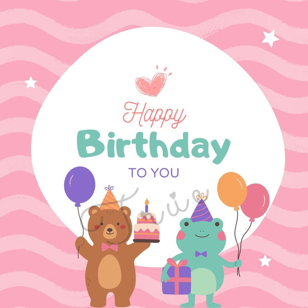 A greeting card with an illustration of a bear and a frog holding balloons and a cake, with the text 'Happy Birthday TO YOU'.