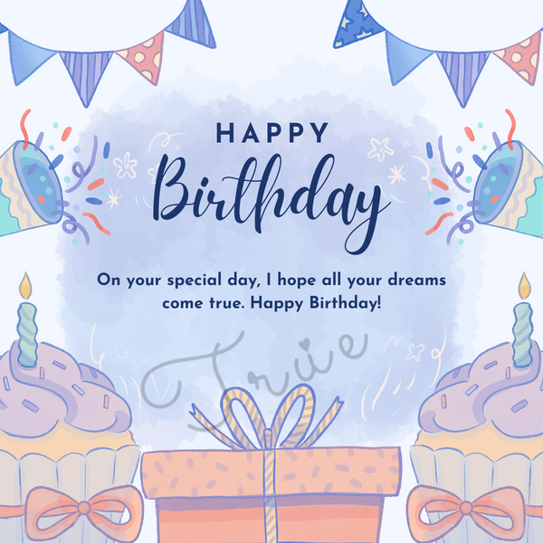 A colorful Happy Birthday card featuring cupcakes, candles, set against a blue background with festive decorations.