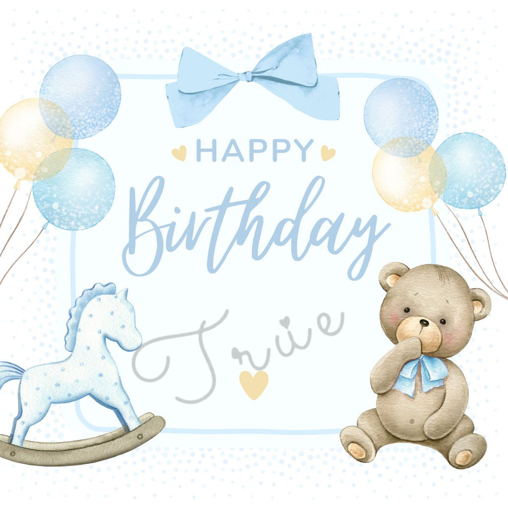 A Happy Birthday card featuring a blue bear theme with balloons, a rocking horse, and a teddy bear.