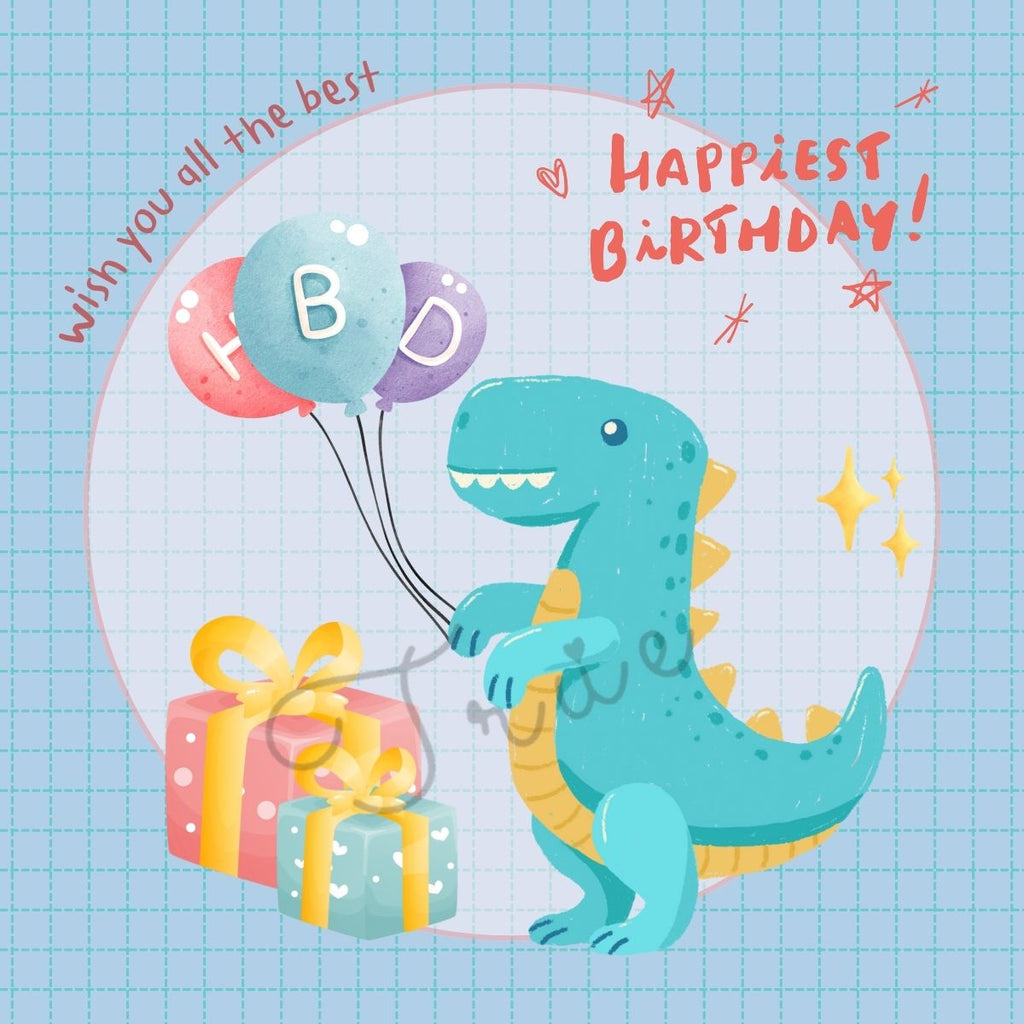A colorful birthday card featuring a cartoon dinosaur holding a balloon with the letter 'B', standing next to a larger balloon that reads 'D', with a background of grid paper and decorative elements.