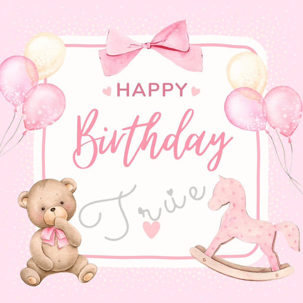 A 4x4 inch pink Happy Birthday card featuring a bear holding a balloon, with additional balloons and a pink bow on a pink background. 