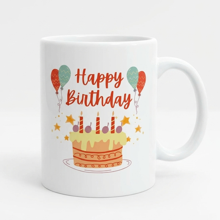 White mug with a birthday-themed design featuring a cake and balloons on a white background