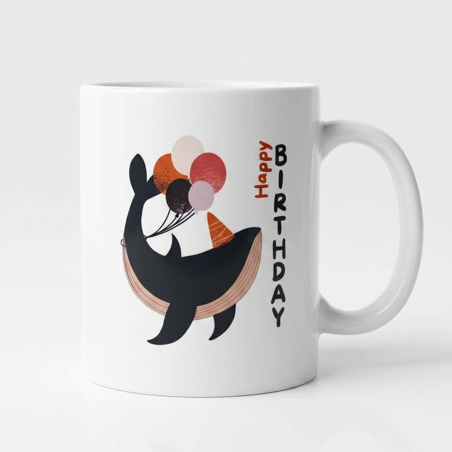 White mug with a whale holding balloons and 'Happy Birthday' text on a white background
