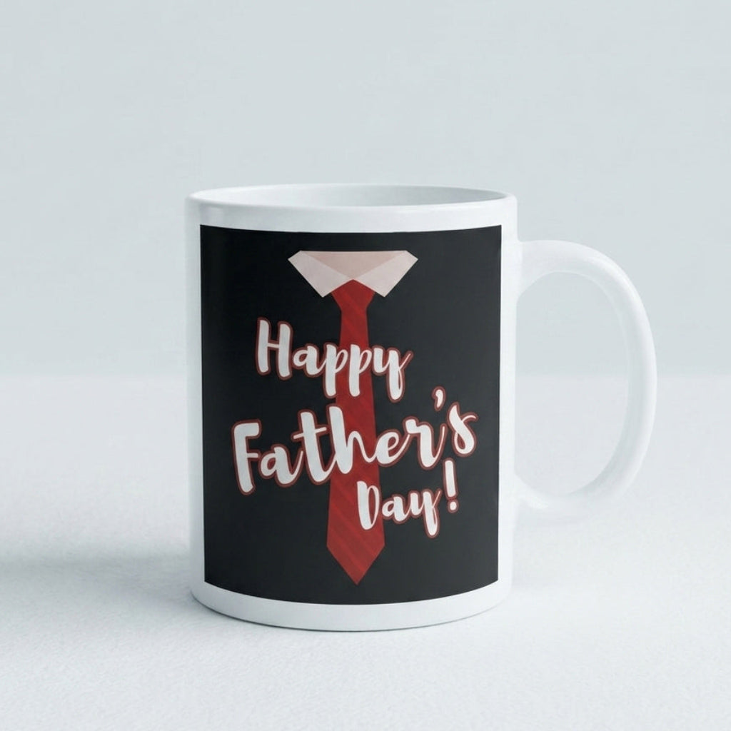 Mug with 'Happy Father's Day!' design featuring a tie on a light gray background