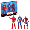 Marvel Spider-Man 3 action figure set including Iron Man, Captain America, and Spider-Man, shown both in their retail packaging and standing individually on a white background.