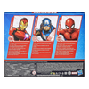 Back of a Marvel action figure box featuring Iron Man, Captain America, and Spider-Man on the upper section, with product details and logos on a black background below.