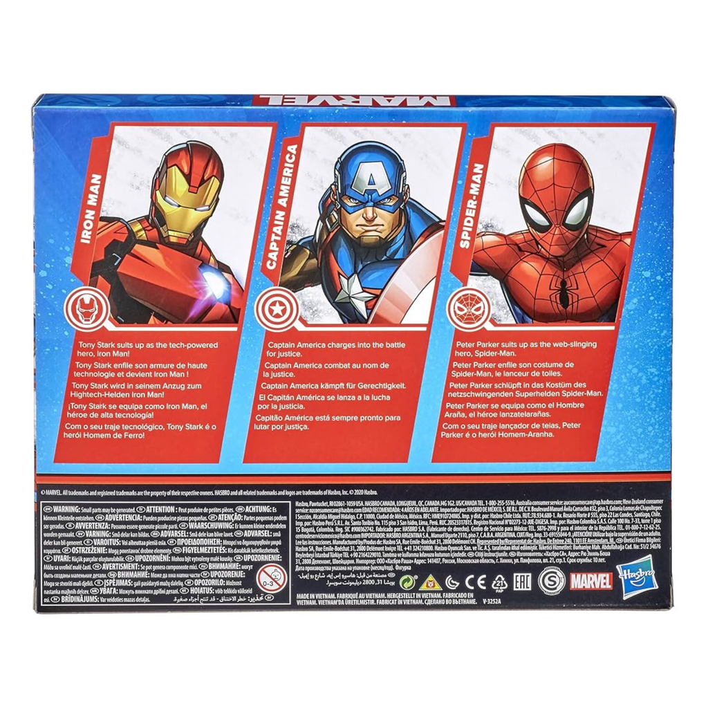 Back of a Marvel action figure box featuring Iron Man, Captain America, and Spider-Man on the upper section, with product details and logos on a black background below.
