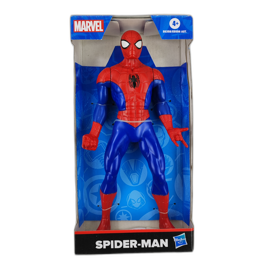 Marvel Spider-Man action figure in its original retail packaging, featuring the character in a red and blue suit against a blue window box with Marvel and Hasbro branding.