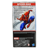 The back of a Spider-Man action figure box, showing character artwork, product text in multiple languages, and the Marvel and Hasbro logos.
