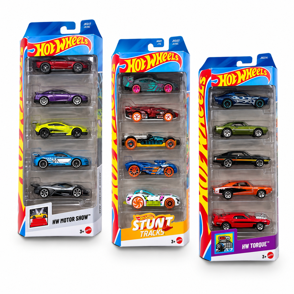Three Hot Wheels toy car sets in retail packaging, displayed against a clean white background. The sets include the HW Motor Show, Stunt Tracks, and HW Torque collections, each containing six colorful die-cast cars.
