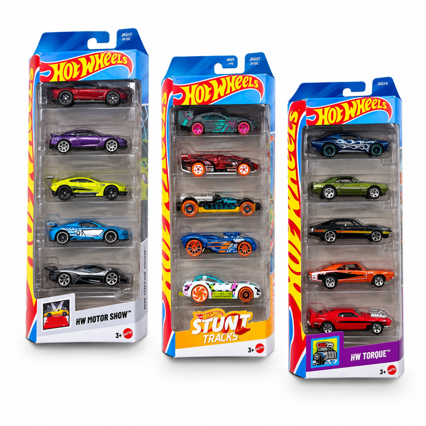 Three Hot Wheels toy car sets in retail packaging, displayed against a clean white background. The sets include the HW Motor Show, Stunt Tracks, and HW Torque collections, each containing six colorful die-cast cars.