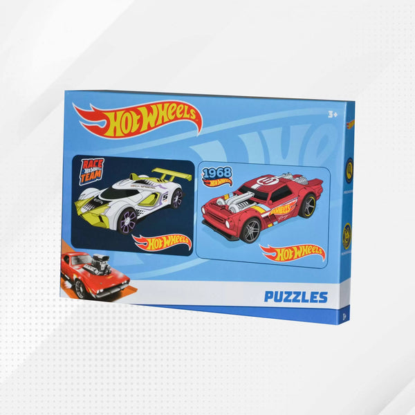 A Hot Wheels themed puzzle set with two puzzles featuring images of the 'Mach Speeder' and 'Night Shifter' cars. The packaging is predominantly blue with Hot Wheels branding and the word 'Puzzles' on it.