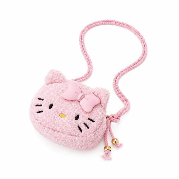 Pink plush keychain shaped like a cat face with a bow on a white background