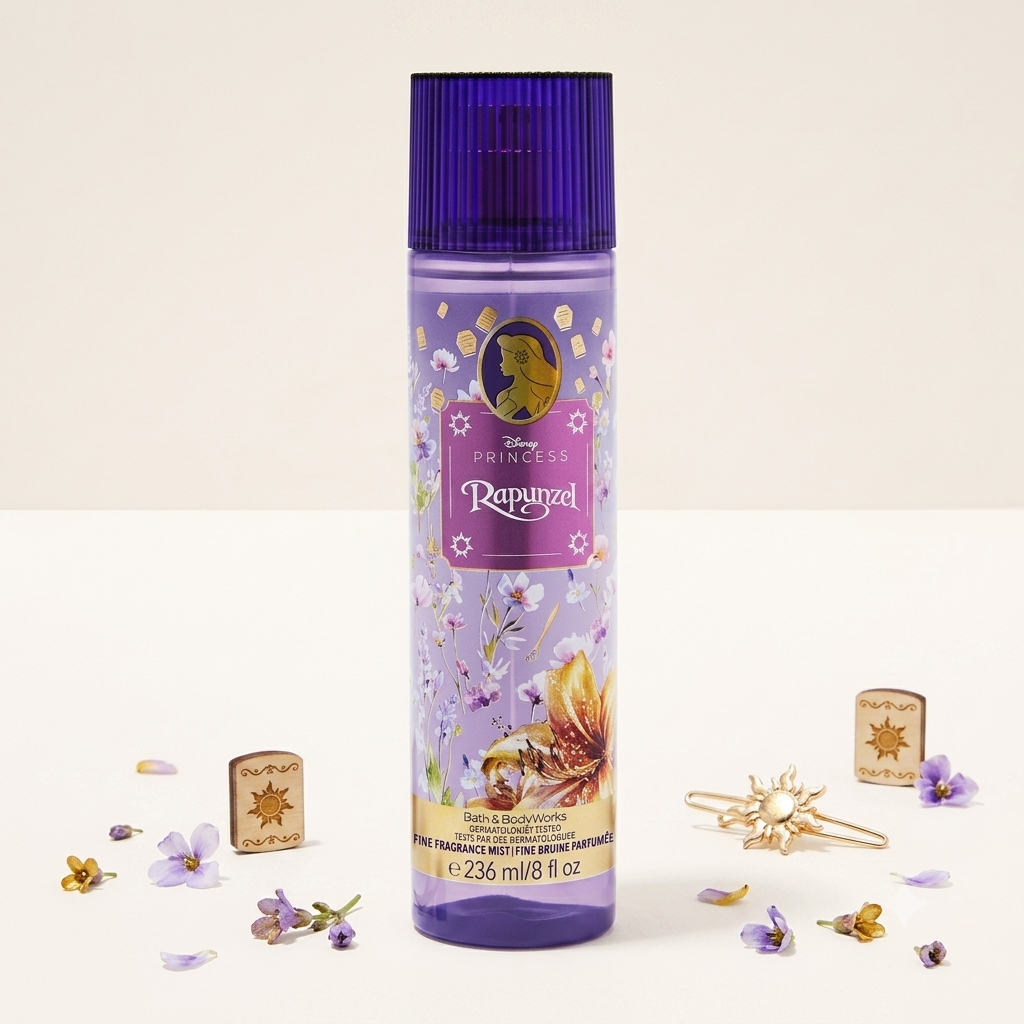 Disney Princess Rapunzel hair and body spray bottle in purple, surrounded by decorative gold star-shaped accessories, small purple flowers, and lavender petals on a clean off-white background.