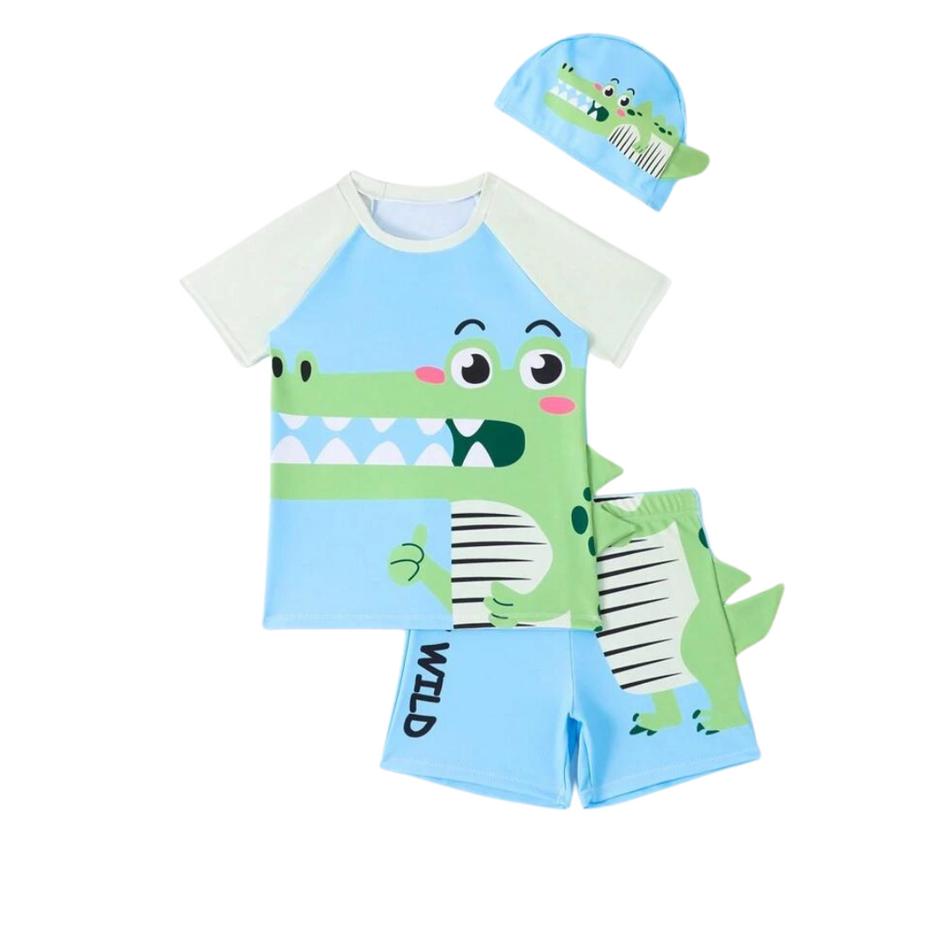 Boys 3 Piece Crocodile Short Sleeve Swimsuit with Shorts and Cap