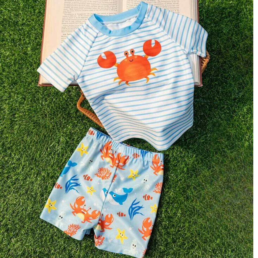 Boys 2 Piece Ocean Theme Short Sleeve Swimsuit with Shorts