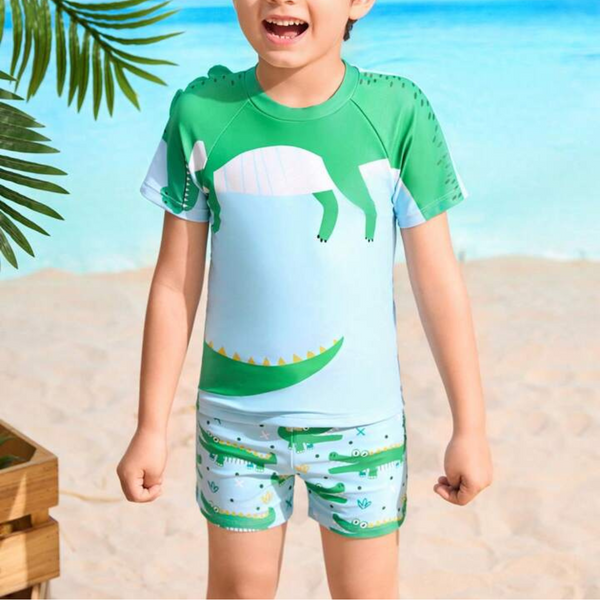 Boys 3 Piece Crocodile Short Sleeve Swimsuit with Shorts and Cap