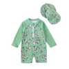 Girls Long Sleeve One Piece Rashguard Swimsuit + Cap in Green Floral