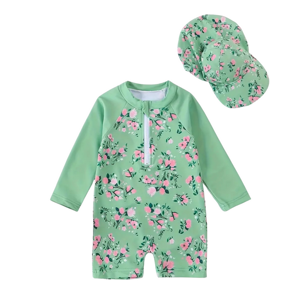 Girls Long Sleeve One Piece Rashguard Swimsuit + Cap in Green Floral