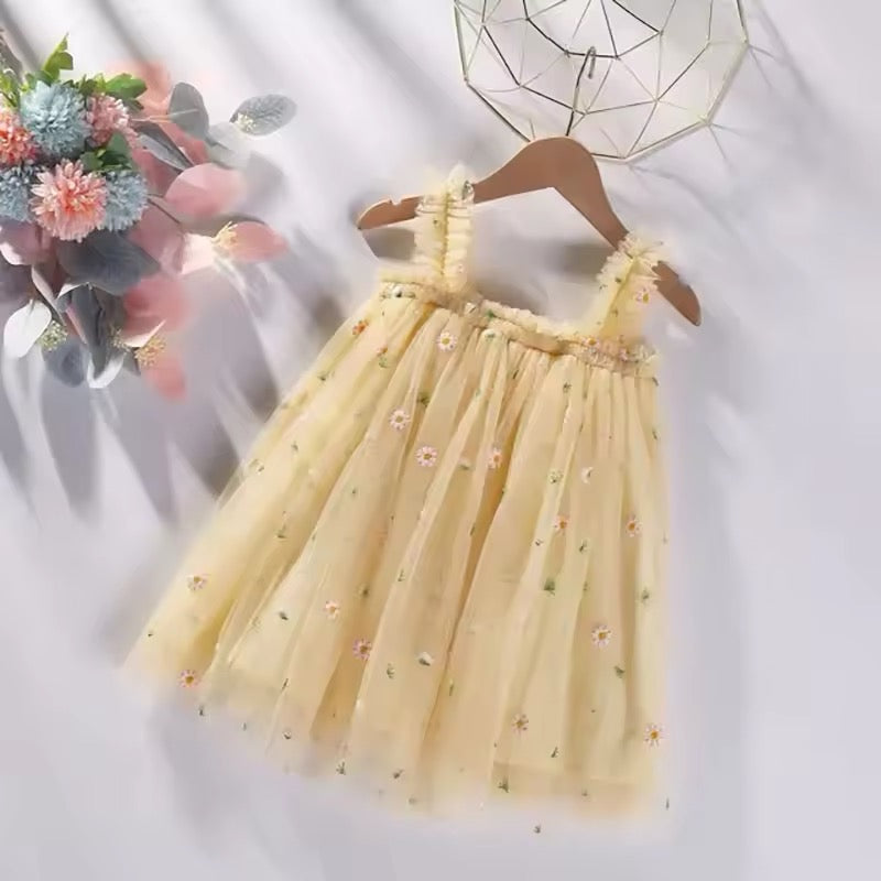 Baby Girl & Kids Pastel Yellow Sunflower Embroidered Tulle Party Dress