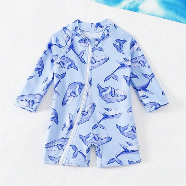 Infant Baby Boy Whale Print Long Sleeve Zipper Front Swimsuit