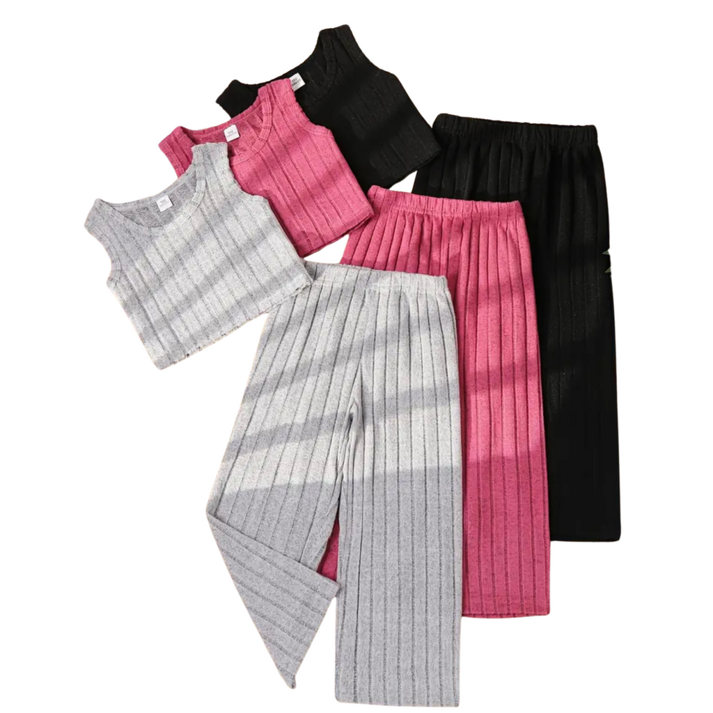 Two Piece Ribbed Top & Pants Set in Pink, Grey & Black Options
