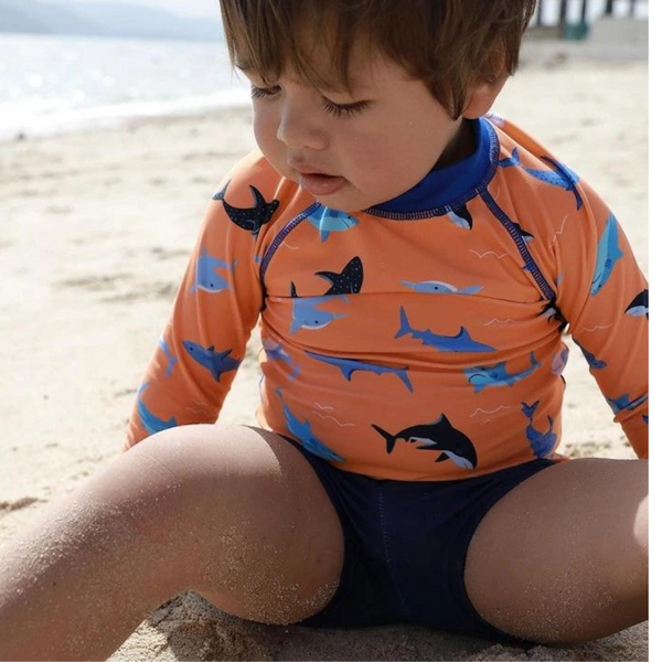 2 Pack Long Sleeve Swimsuit with Shorts for Baby Boy - Orange Shark