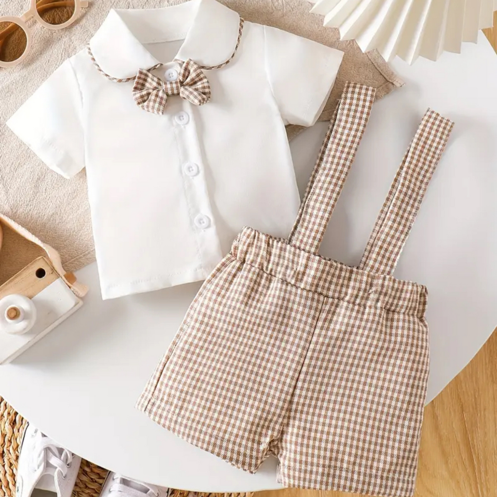 Baby Boy Fancy Outfit with Bow Tie in Brown & White Checks