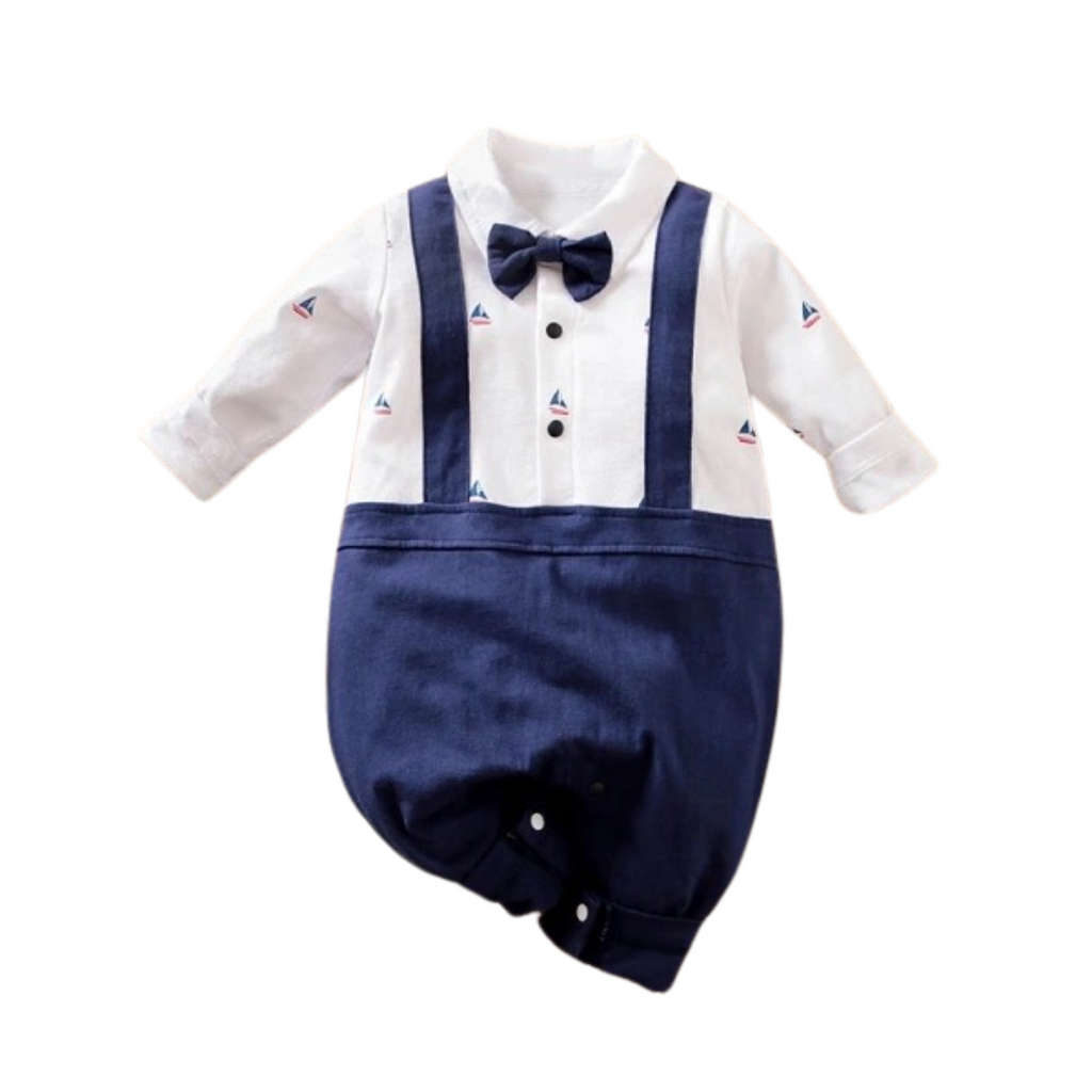 Baby Boy Fomal Romper With Bow Tie in Sailboat Print - Navy & White