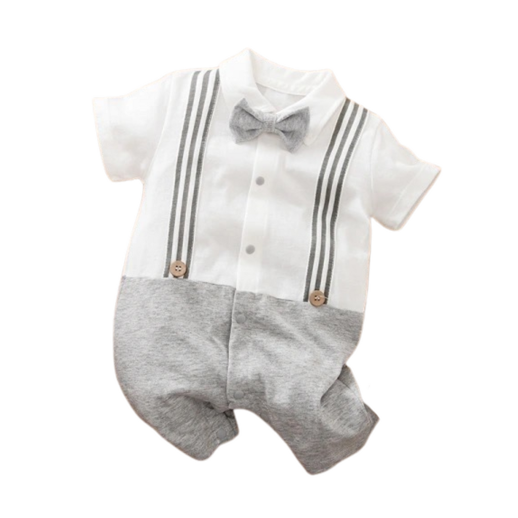 Baby Boy Formal Suspender Romper With Bow Tie - Grey & White